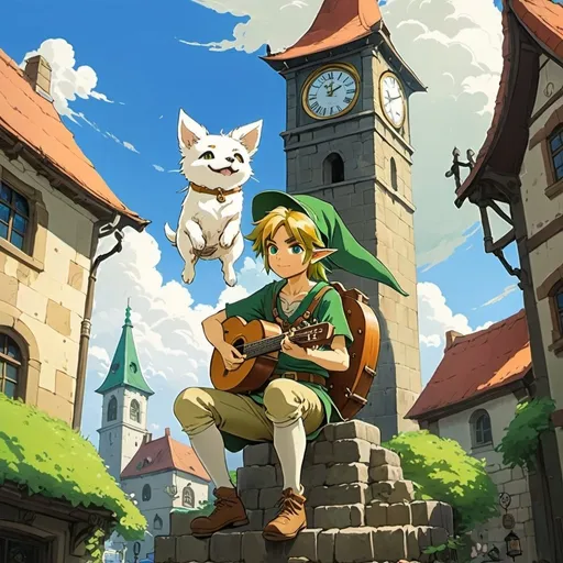 Prompt: 2d studio ghibli anime style, link from the legend of Zelda sitting on a clock tower playing a lute, anime scene, iconic green hat, small white dog, town, clock tower, cobblestone road,