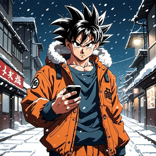 Prompt: 2d madhouse anime style, goku wearing a winter jacket, anime scene, snow, cold tone, cell phone, Japanese city at night, dynamic pose