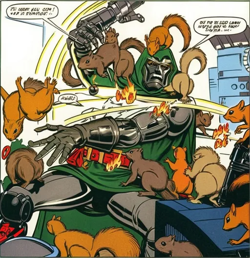 Prompt: dr doom is being attacked by squirrels, comic, anime