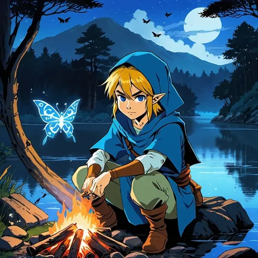 Prompt: 2d studio ghibli anime style, link from the legend of Zelda as a ninja, blue glowing butterflies, anime scene, campfire, lake, ninja, face wrap, blue outfit