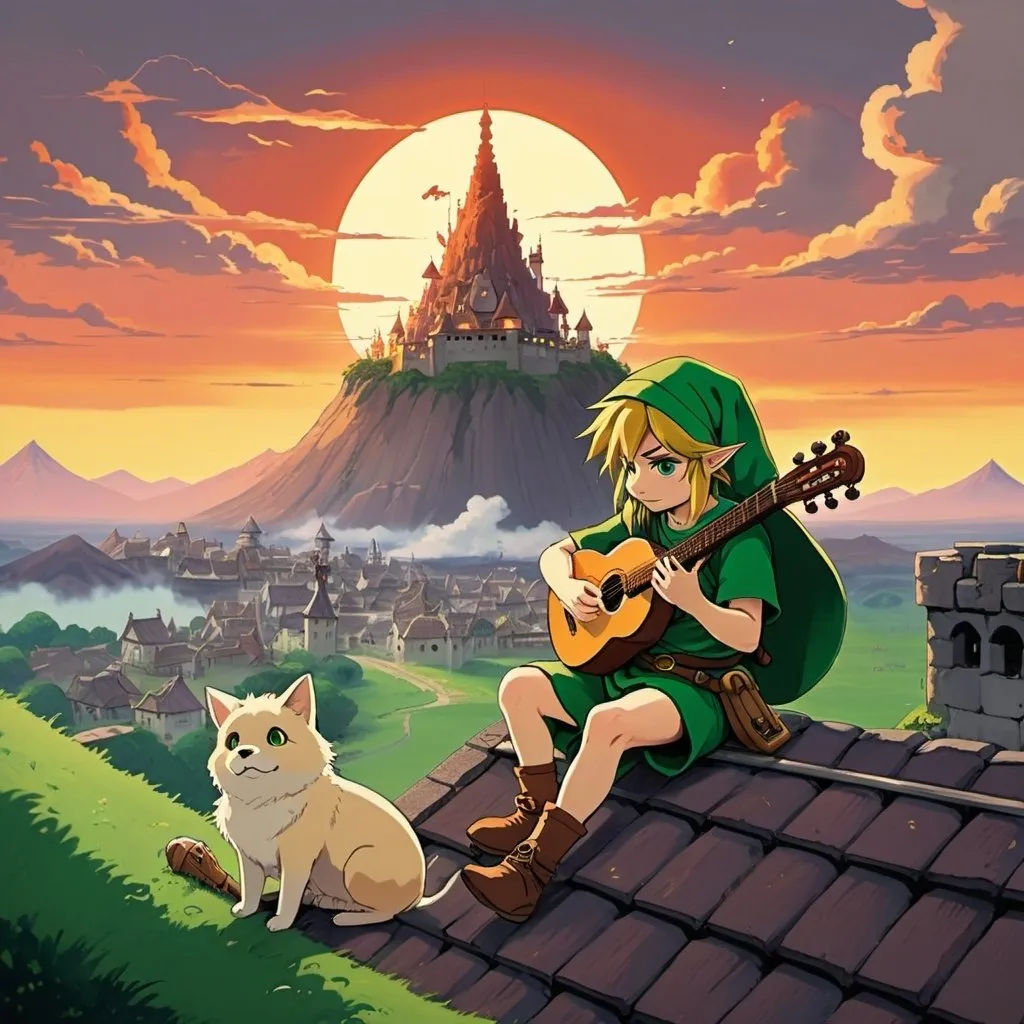 Prompt: 2d studio ghibli anime style, link from the legend of Zelda sitting on a roof playing a lute, anime scene, iconic green hat, small grey dog, castle, volcano with smoke ring, sunset 