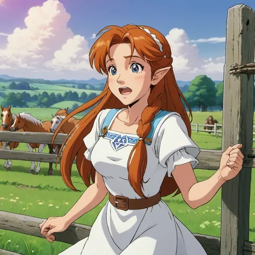 Prompt: 80's anime style, malon from the legend of Zelda singing, anime scene, close up, field, fence, stable, whistling, horse in background, white dress, happy, epona