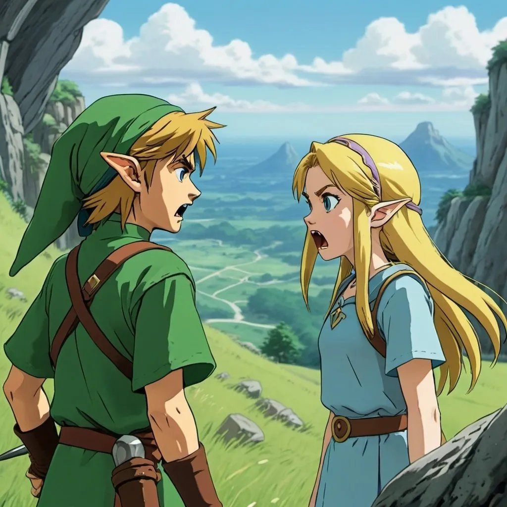 Prompt: 2d studio ghibli anime style, link and zelda from the legend of Zelda arguing, anime scene, close up, field, cliffs, mad, angry, yelling, map