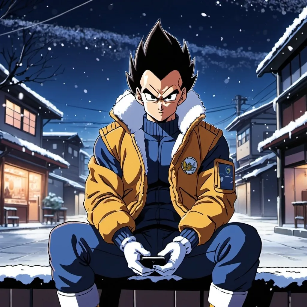 Prompt: 2d madhouse anime style, vegeta wearing a winter jacket, anime scene, snow, cold tone, cell phone, Japanese city at night, sitting