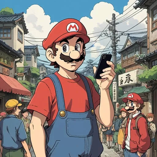 Prompt: 2d studio ghibli anime style, Mario holding a cellphone, anime scene, Japanese city, rap video, many people 