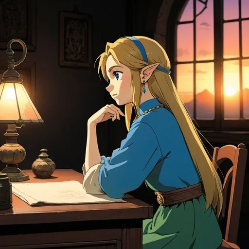 Prompt: 2d studio ghibli anime style, zelda from the legend of Zelda, sitting at a desk with her hand on her chin, dark medieval room, anime scene , close up, side profile, bottle, lamp, pen, flat window, sunset, eyes closed, blue clothes, sunset