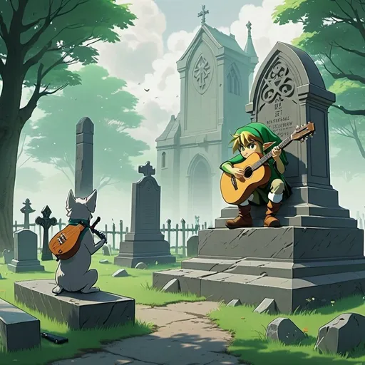 Prompt: 2d studio ghibli anime style, link from the legend of Zelda playing guitar against a gravestone, anime scene, graves, fog, iconic green hat, wooden fence, grey terrier,