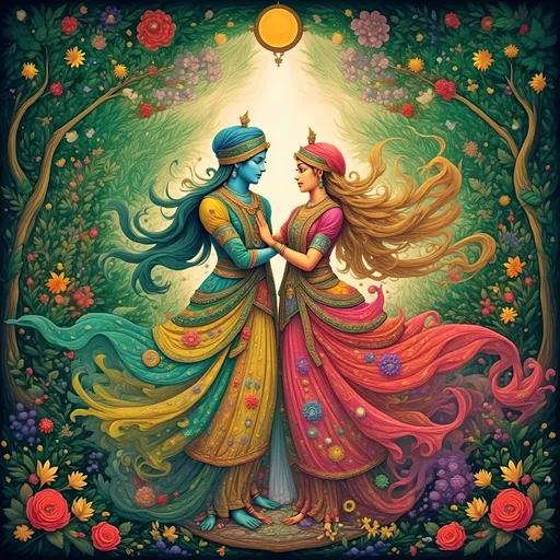 Prompt: (visual theme "Jai Radha Madhav"), intricate representation of Radha and Madhav, vibrant colors, ethereal ambiance, lush green background, adorned with floral motifs, serene expressions, detailed clothing with traditional patterns, dynamic poses, radiant sunlight filtering through trees, high quality and ultra-detailed artwork, evoking a sense of harmony and divine love.