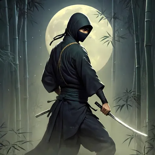 Prompt: Stealthy ninja in a moonlit bamboo forest, shut eyes, contemplating, traditional Japanese style artwork, detailed ninja outfit with flowing robes, katana in hand, dramatic shadows and highlights, high quality, moonlit atmosphere, bamboo forest, detailed robes, dramatic lighting, unsheathe Katana, Sheathe on left thigh