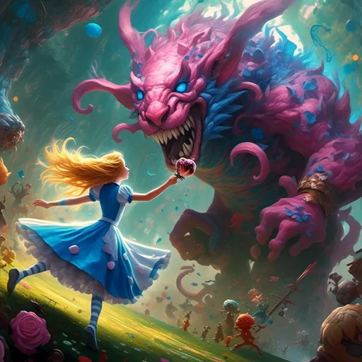 Prompt: <mymodel>Alice of Wonderland defeating the (cancer monster) in epic combat, dynamic pose, vibrant storytelling,