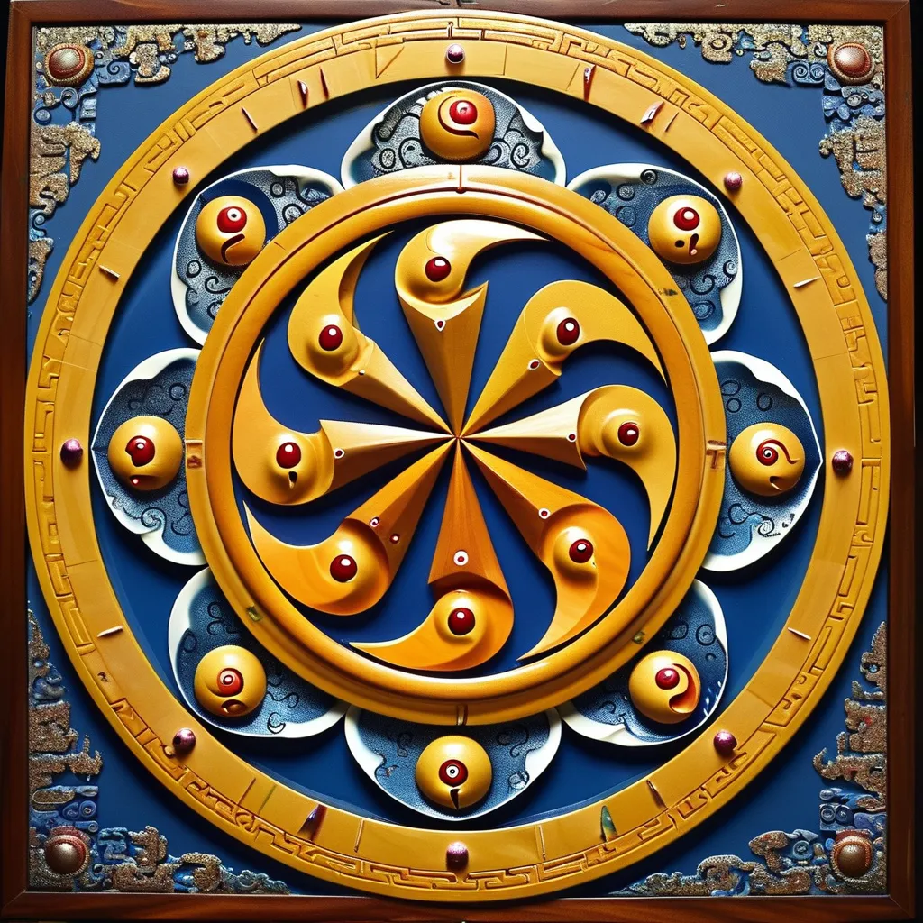 Prompt: <mymodel>  The gakyil or 'wheel of joy' is depicted in a similar form to the ancient Chinese yin-yang symbol, but its swirling central hub is usually composed of either three or four sections. The Tibetan term dga' is used to describe all forms of joy, delight, and pleasure, and the term 'khyil means to circle or spin. The wheel of joy is commonly depicted at the central hub of the dharmachakra, where its three or four swirls may represent the Three Jewels and victory over the three poisons, or the Four Noble Truths and the four directions. As a symbol of the Three Jewels it may also appear as the "triple-eyed" or wish-granting gem of the chakravartin. In the Dzogchen tradition the three swirls of the gakyil primarily symbolize the trinity of the base, path, and fruit.