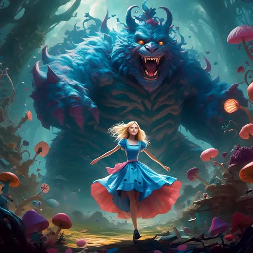 Prompt: <mymodel>Alice of Wonderland and the monster defeat fear  in epic combat, dynamic pose, vibrant storytelling,