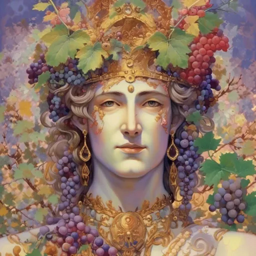 Prompt: <mymodel> portrait of (Dionysus' male nature), epithets of the god, (wine) and (vegetation), (fertility) and (festivity), rich greenery and vibrant grapes, celebratory ambiance, intricate scenes of worship, symbols of joy contrasted with the underworld, dynamic festival atmosphere, ancient Greek landscapes, (4K), ultra-detailed, imaginative visuals conveying multifarious aspects of his divine character.