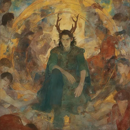 Prompt: a painting<mymodel> Loki is foretold to eventually break free from his bonds and, among the forces of the jötnar, to go to battle with the gods, during which time his children play a key role in the destruction of all but two humans over the events of Ragnarök. Loki has a particular enmity with the god Heimdallr. The two are in fact prophesied to kill one another during Ragnarök.