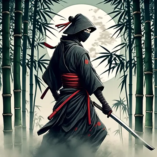 Prompt: Stealthy ninja in a moonlit bamboo forest, traditional Japanese style artwork, detailed ninja outfit with flowing robes, katana in hand, intense and focused gaze, dramatic shadows and highlights, high quality, traditional art style, moonlit atmosphere, bamboo forest, detailed robes, professional, dramatic lighting, unsheathe Katana<mymodel>