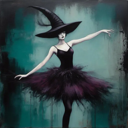 Prompt: <mymodel> A minimal surreal, Gothic noir painting of a ballerina or a witch, reflecting the user's preference for dark, mysterious, and elegant imagery with a touch of surrealism. black, teal and plum