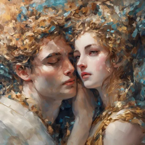 Prompt: <mymodel>Intricate oil painting of Hermes and Aphrodite, Greek mythology, detailed facial features, flowing robes, ethereal lighting, rich colors, romantic and dramatic, classical art style, warm tones, high quality, oil painting, Greek mythology, intricate details, flowing robes, dramatic lighting, romantic, classical art style, warm tones