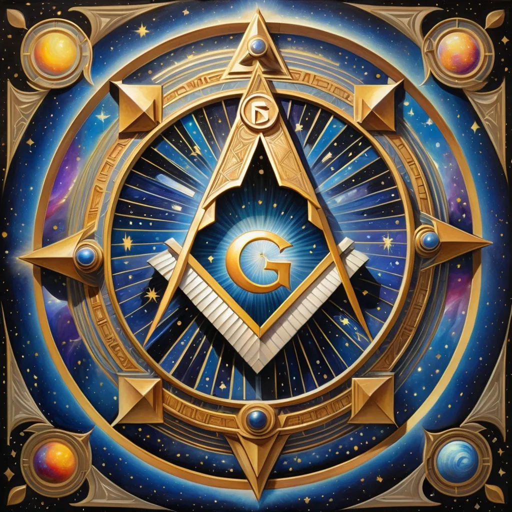 Prompt: a painting of a the freemasons logo inside the Yin-Yang symbol  in a circle with stars and a star in the middle of the circle, Donato Giancola, space art, symbolist, an art deco painting