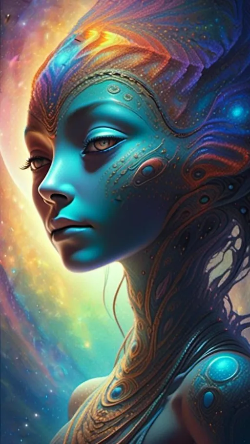 Prompt: <mymodel> (alien face portrait), otherworldly features, vivid color spectrum, ethereal glow, cosmic background, distant stars, deep space vibes, (Sirius star system), high detail, surreal expression, futuristic atmosphere, luminescent hues, masterpiece of sci-fi art, (4K), captivating gaze, vibrant celestial tapestry.