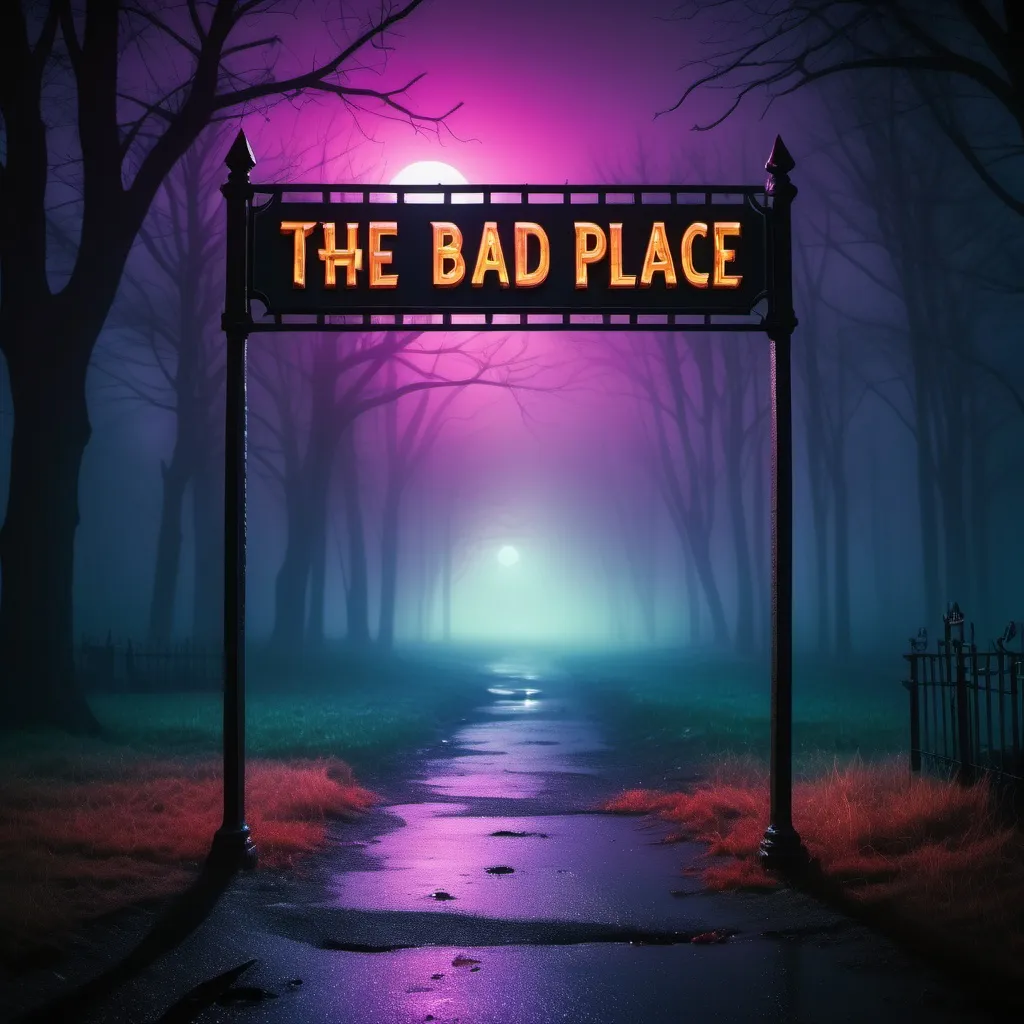 Prompt: "The Bad Place" sign with accurate text Tv Series