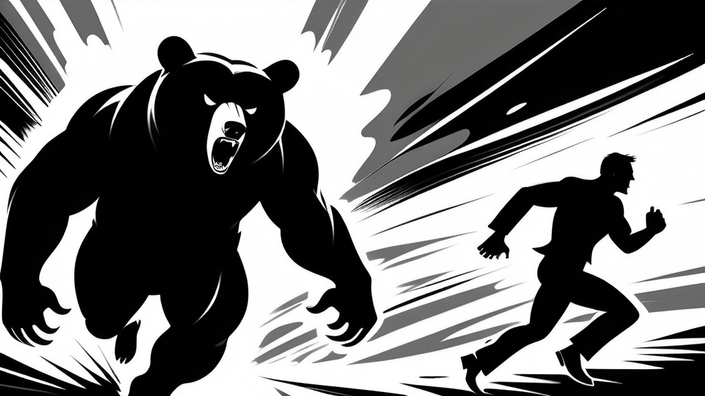 Prompt: Man runs away from bear.
Style: Black on white silhouettes comic book