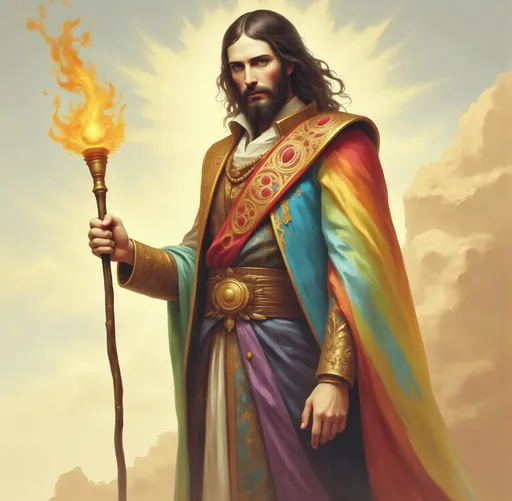 Prompt: a painting of a Joseph lord of dreams (man wearing a rainbow coored coat) holding a staff and a staff of fire in her hand, with a sky background, Cliff Childs, figuration libre, album cover, a character portrait