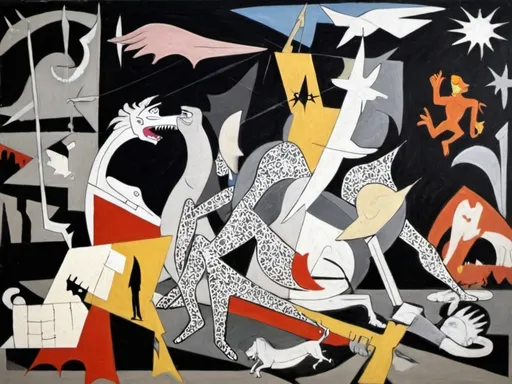 Prompt: CREATE A MASHUP OF GUERNICA MIXED UP WITH A SOLDIER'S JOURNEY FROM SABIN HOWARD
