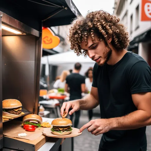 Prompt: Street Burger food girlfriend curly hair man making food with his hand
