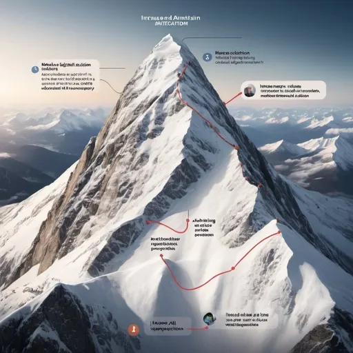 Prompt: I need an image of a mountain that has people climbing the side of it, and there are three major waypoints.  One is labelled "increase digital and in-person participation", the next is "provide anticipatory, tailored help", and the third is "make data driven decisions" and the idea is that achieving all three is what allows you to summit the mountain