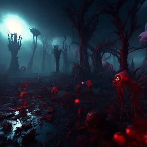 Prompt: [A mysterious nightmare world{ultra-realistic environment}]with wrecked strange background and horrific creatures, which are unfamiliar to human world, scratching and flying in bizarre made  transparent  environment. The queer and horrific shapes of creatures, displaying a mesmerizing array of radiant dark and red hues, casting an ethereal radiance across the world, foreboding atmosphere. The water  below is enveloped in a colorful translucent universe. hyper-realistic, 8k, cinematic, high quality, high end graphics.