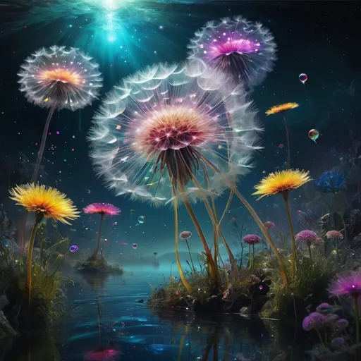 Prompt:  a surreal mystical and mysterious alien world of soaring  floral creatures and iridescent sticky dandelion figures. Amidst a transparent environment, these multicolored blooms cast an ethereal radiance, foreboding yet mesmerizing. Below, a colorful translucent universe envelops the water, hinting at unseen dangers and mysteries lurking within. Can you unlock the secrets of this enigmatic cosmos