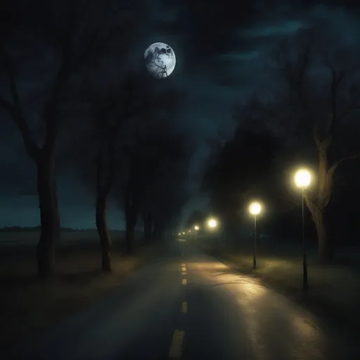 Prompt: {an imaginary world of  nightmares},the roads in the nightmare is inside the small city, a man wandering on the road, the man have lighting lantern in on mood  in his hand, there are dark  and the moon is full, no visible light instead of moon light, close exposure, trees and grass on the roadsides,hdr,ultra-realistic