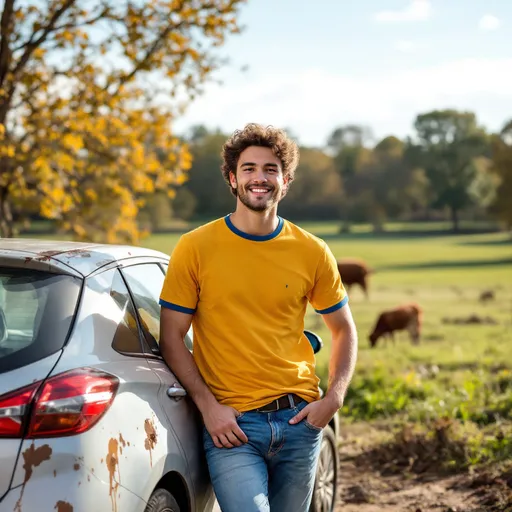Prompt: Basking in the sunlight, a young man stands casually by a silver car parked in a rustic outdoor setting, presenting a cheerful smile and a relaxed demeanor. Clad in a bright yellow T-shirt with blue accents and comfortable jeans, he leans against the vehicle, which bears signs of wear and is partially obscured by the earthy hues of the ground. The backdrop showcases a serene landscape of trees displaying shades of green and hints of autumn hues, under a clear blue sky with soft clouds. Just beyond, a brown cow grazes peacefully, adding a touch of rural charm to this tranquil scene, encapsulating a moment of leisure in nature.