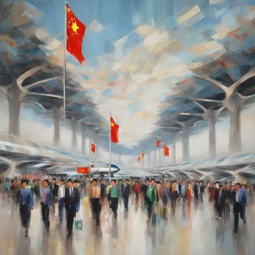 Prompt: abstract painting of shanghai pudong airport, with china national flagpeople people,positive significance