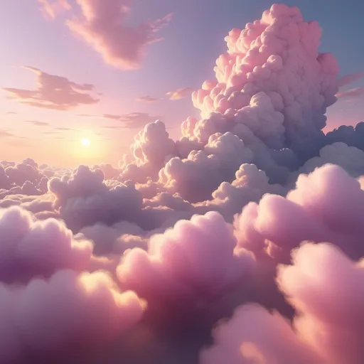 Prompt: A skybox with a serene sunrise and soft light with a light purple,light pink and light yellow backdrop. pinkish blueish fluffy clouds all over and a whole bunch of  fluffyclouds below, sun light shinning through the clouds