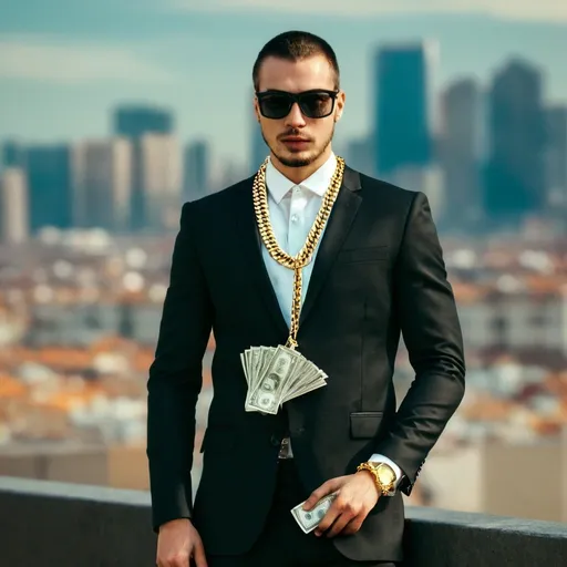 Prompt: rich man with money around him  city background gold chain on him