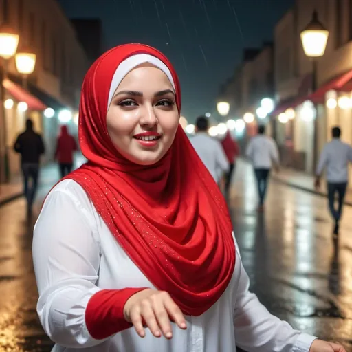 Prompt: bbw handsome woman wearing white shirt and red hijab dancing in the street at night and the light on her, while her clothes are wet with rain HDr 16k