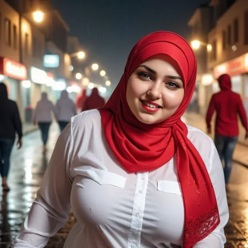 Prompt: bbw handsome woman wearing white shirt and red hijab dancing in the street at night and the light on her, while her clothes are wet with rain HDr 16k