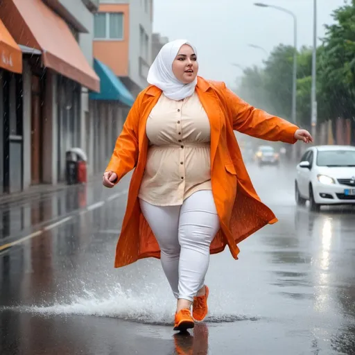 Prompt:  handsome bbw  woman, she wearing white shirt and orange coat and shoes, white hijab, running in the street and her clothes are wet with rain