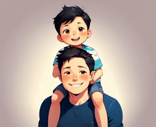 Prompt: Illustration of a son sitting on his father shoulder, looks happy

