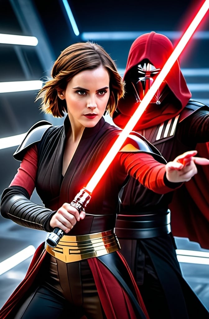 Prompt: photorealistic, emma watson dressed as bastila shan and Keanu Reeves as Darth Revan, holding a red blade lightsaber adorned with gold and silver inlays, in a defensive fighting stance, aerial shot, 