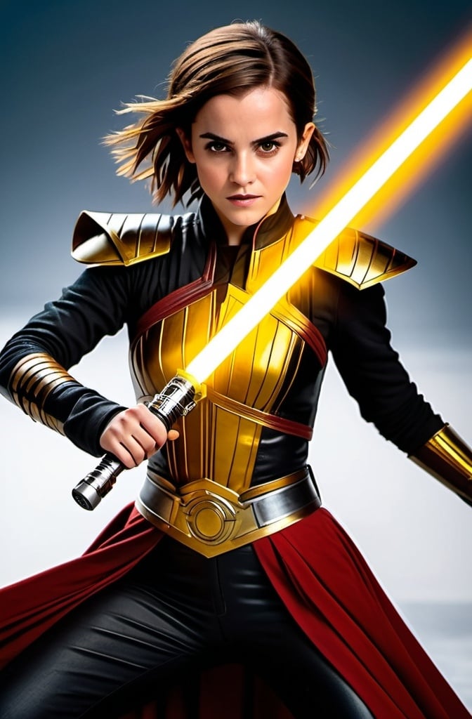 Prompt: photorealistic, emma watson dressed as bastila shan, holding a yellow blade lightsaber adorned with gold and silver inlays, in a defensive fighting stance, aerial shot, 