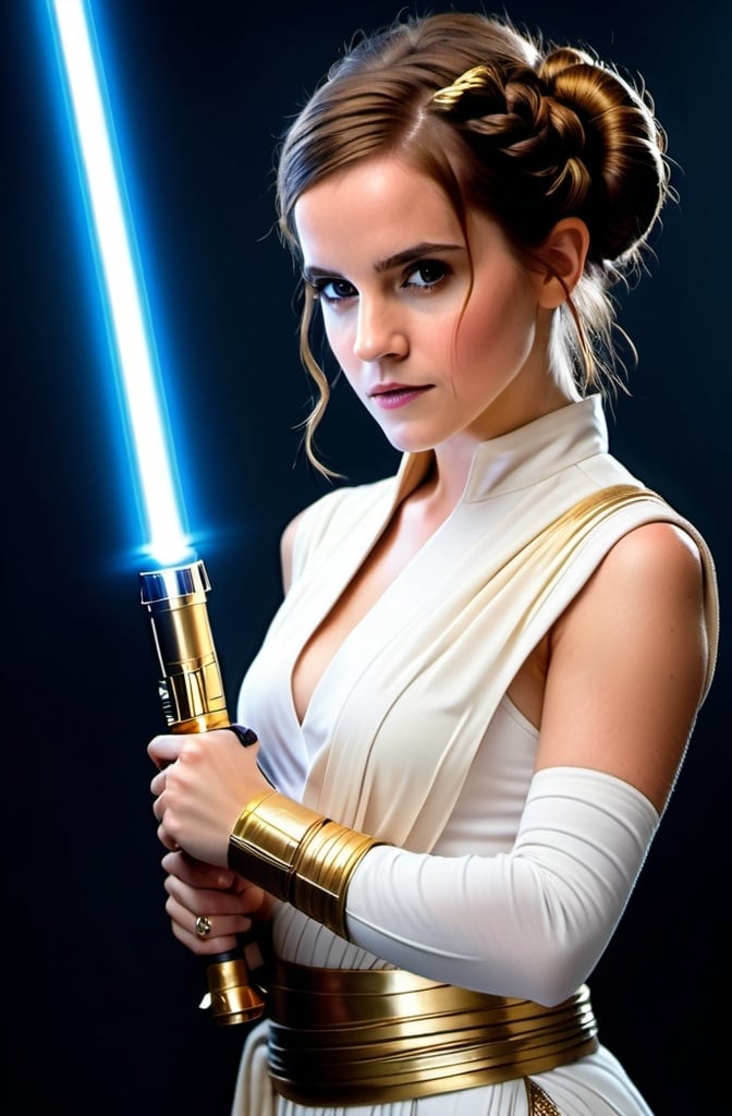 Prompt: photorealistic, emma watson dressed as slave Princess Leia, holding a gold bladed lightsaber in a defensive fighting stance, aerial shot, 