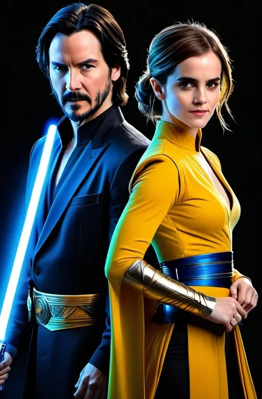 Prompt: photorealistic, emma watson dressed as bastila shan holding a yellow blade lightsaber adorned with gold and silver inlays holding hands with Keanu Reeves as Jedi Revan, holding a blue blade lightsaber adorned with gold and silver inlays, in a defensive fighting stance, aerial shot, 