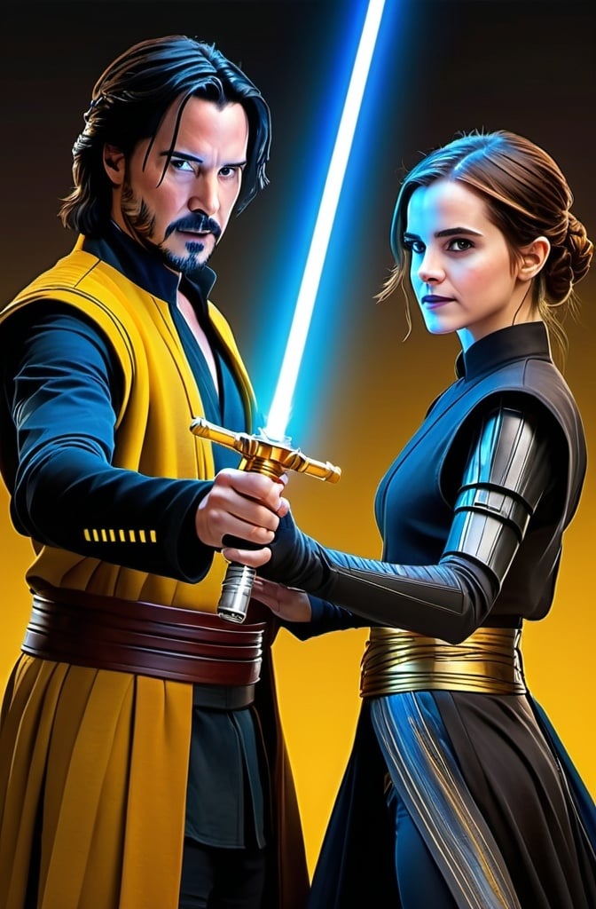 Prompt: photorealistic, emma watson dressed as bastila shan holding a yellow blade lightsaber adorned with gold and silver inlays holding hands with Keanu Reeves as Jedi Revan, holding a blue blade lightsaber adorned with gold and silver inlays, in a defensive fighting stance, aerial shot, 