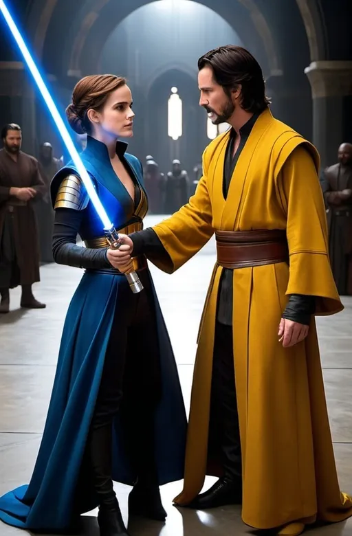 Prompt: photorealistic, emma watson dressed as bastila shan holding a yellow blade lightsaber adorned with gold and silver inlays holding hands with Keanu Reeves as Jedi Revan, holding a blue blade lightsaber adorned with gold and silver inlays, in a defensive fighting stance, aerial shot, 