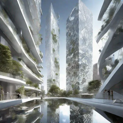 Prompt: view from the ground, counter-dive, A cutting-edge skyscraper in the heart of a bustling city with fractal patterns etched into the glass, suspended gardens, clean lines, stark white light reflecting off of mirrored surfaces, sophisticated and sleek, technical