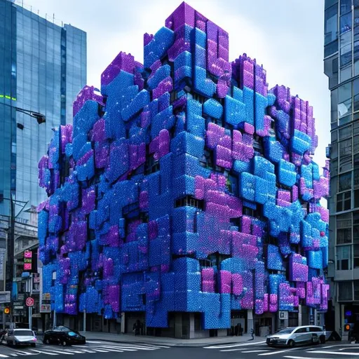 Prompt: Building facade composed of intricate Molecular Clusters – atoms groupings forming captivating 3D shapes. These clusters shape the spatial arrangement and aggregation, creating a distinct urban presence that harmonizes science and art, adding a captivating allure to the city's street view