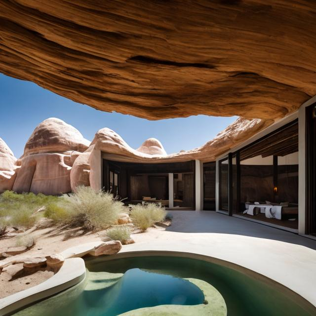 Prompt: a white mud desert house retreat with arches that effortlessly integrate into the lush desert scenery, designed to maximize space and minimize heat. Natural components are used into the interior, such as wood and landscape features, to harmoniously blend in with the surroundings.