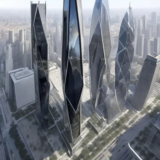 Prompt: grand angle, counter-dive, A cutting-edge skyscraper in the heart of a bustling city with fractal patterns etched into the glass, suspended gardens, clean lines, stark white light reflecting off of mirrored surfaces, sophisticated and sleek, technical
